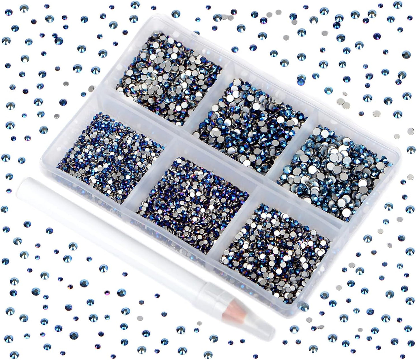 Bymitel 7200 Pieces 6 Mixed Sizes Glue Fix on Glass Rhinestones Round Crystal Gems Flatback for DIY Jewelry Making with one Picking Pen (6-Sizes 7200PCS, Mine Blue)