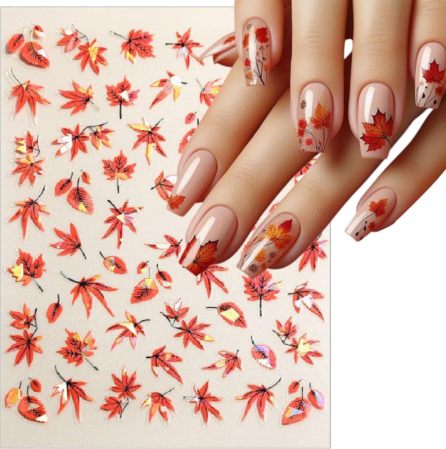 8 Sheets Fall Nail Stickers for Nail Art 3D Magic Maple Leaf Nail Decals Self-Adhesive Hot Stamping Leaves Nail Stickers Fall Ginkgo Leaf Design Sticker for Women Thanksgiving Manicure Decoration