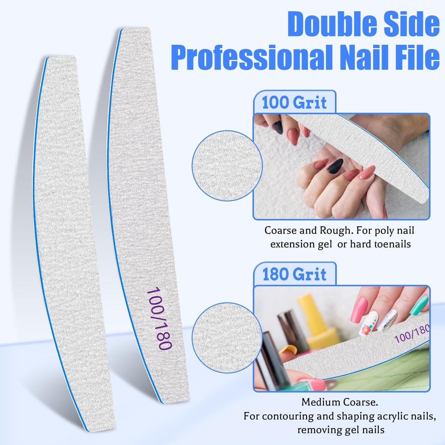 Poly Nail Extension Gel Files 100/180 Grit - 12 PCS Emery Boards for Acrylic Nails - Double-Sided Washable Coarse File Manicure Tools for Home and Salon Use