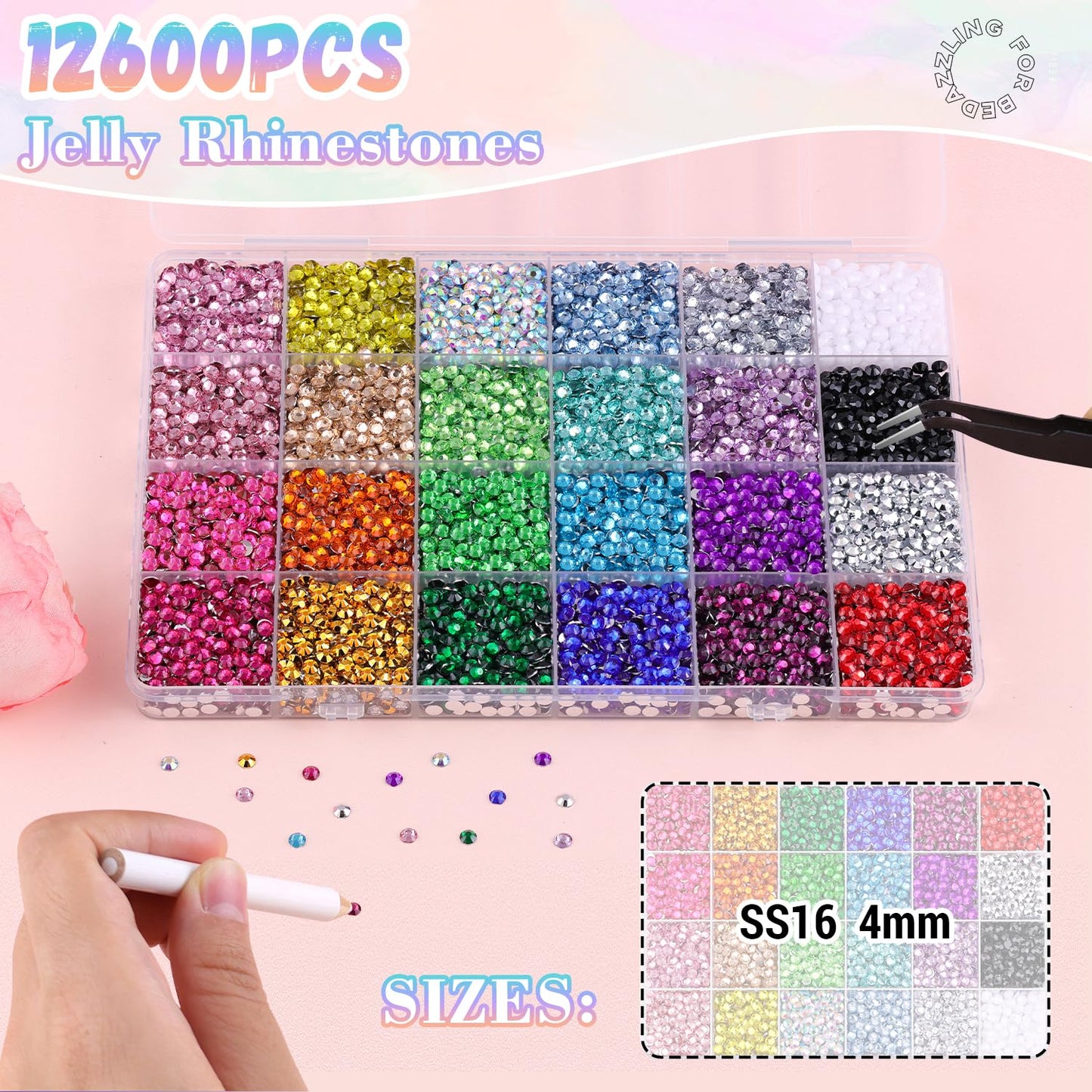 12600Pcs Resin Rhinestones with 1Pcs B7000 Jewelry Glue for Crafting, Multicolors 4mm Non Hotfix Flatback Gems, Bedazzling Crystal for DIY Crafts Clothing Tumblers Mugs Shoes Fabric Decor Nail Art