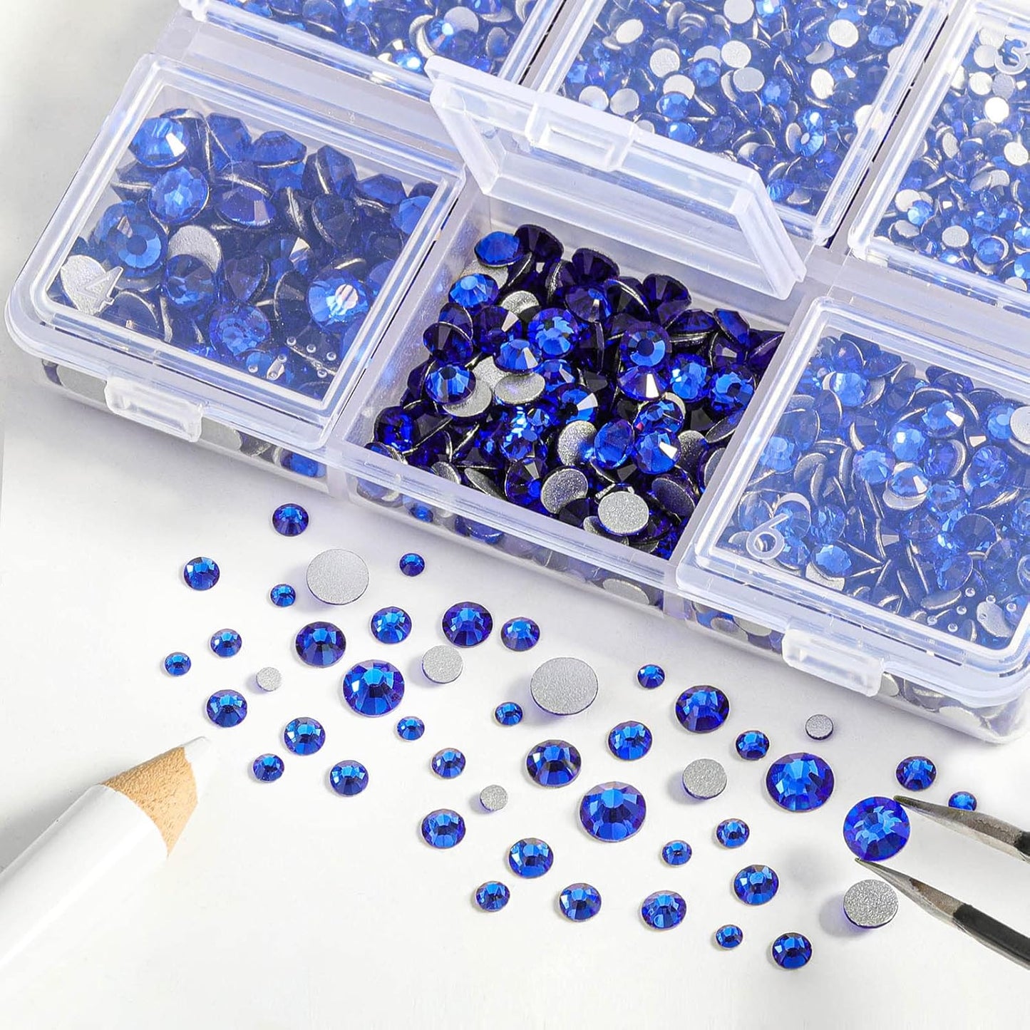 Beadsland 4300pcs Flatback Rhinestones,Royal Blue Rhinestone Nail Gems Round Crystal Rhinestones for Crafts,Mixed 6 Sizes with Picking Tweezers and Wax Pencil Kit, SS6-SS20,Sapphire