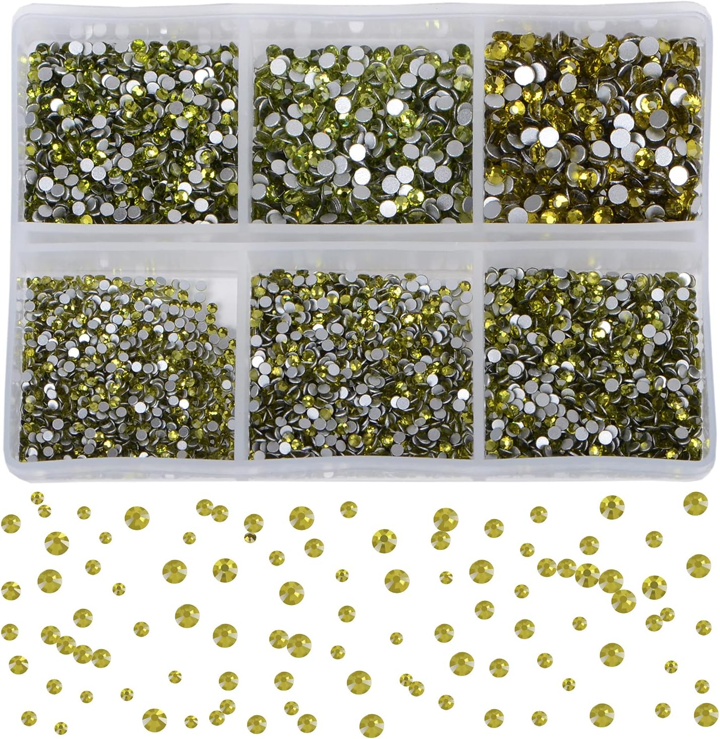 Bymitel 7200 Pieces 6 Mixed Sizes Glue Fix on Glass Rhinestones Round Crystal Gems Flatback for DIY Jewelry Making with one Picking Pen(6-Sizes 7200PCS, Olivine)
