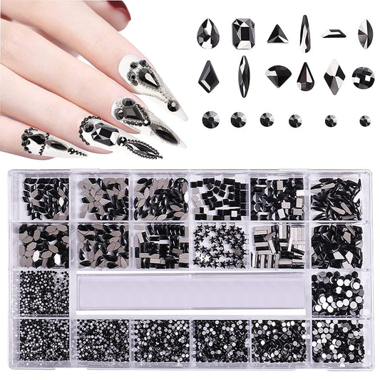 HOINCO Black Rhinestones for Nails - 3100 Pcs Mix Flatback Rhinestone/Gems - 600 Diamonds + 2500 Round Beads for Nail Crafts with Tweezers Pen