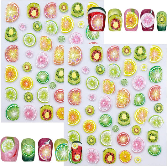 5D Embossed Fruit Nail Art Stickers, Lemon Kiwi Design, Colorful Summer Nail Decals, 2 Pieces