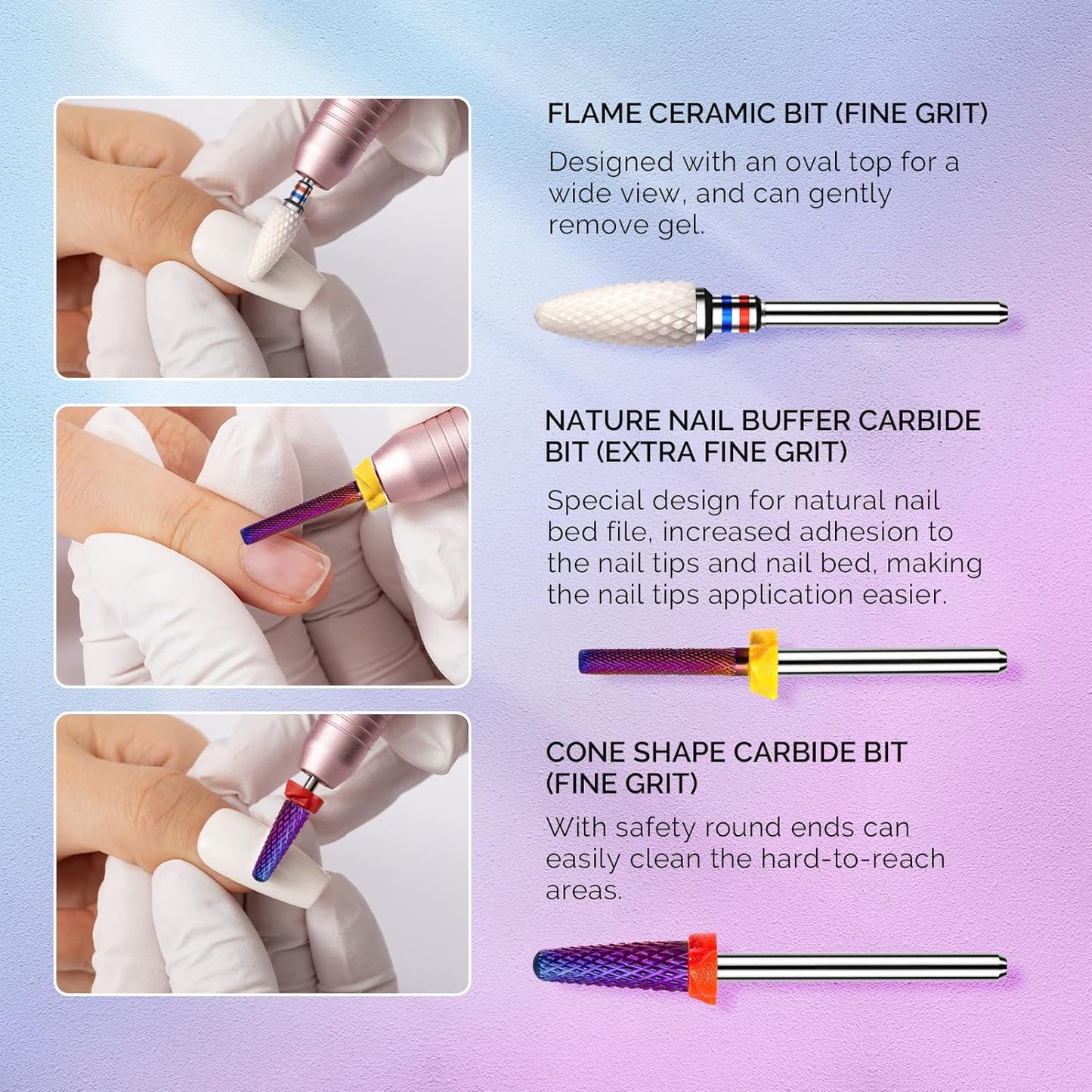 MelodySusie 3Pcs Nail Drill Bits Set, 3/32'' Carbide Tungsten Ceramic Bits, Flame, Nature Nail Buffer and Cone Shape Bits, Suitable for Manicure Pedicure Cuticle Gel Acrylic Remover