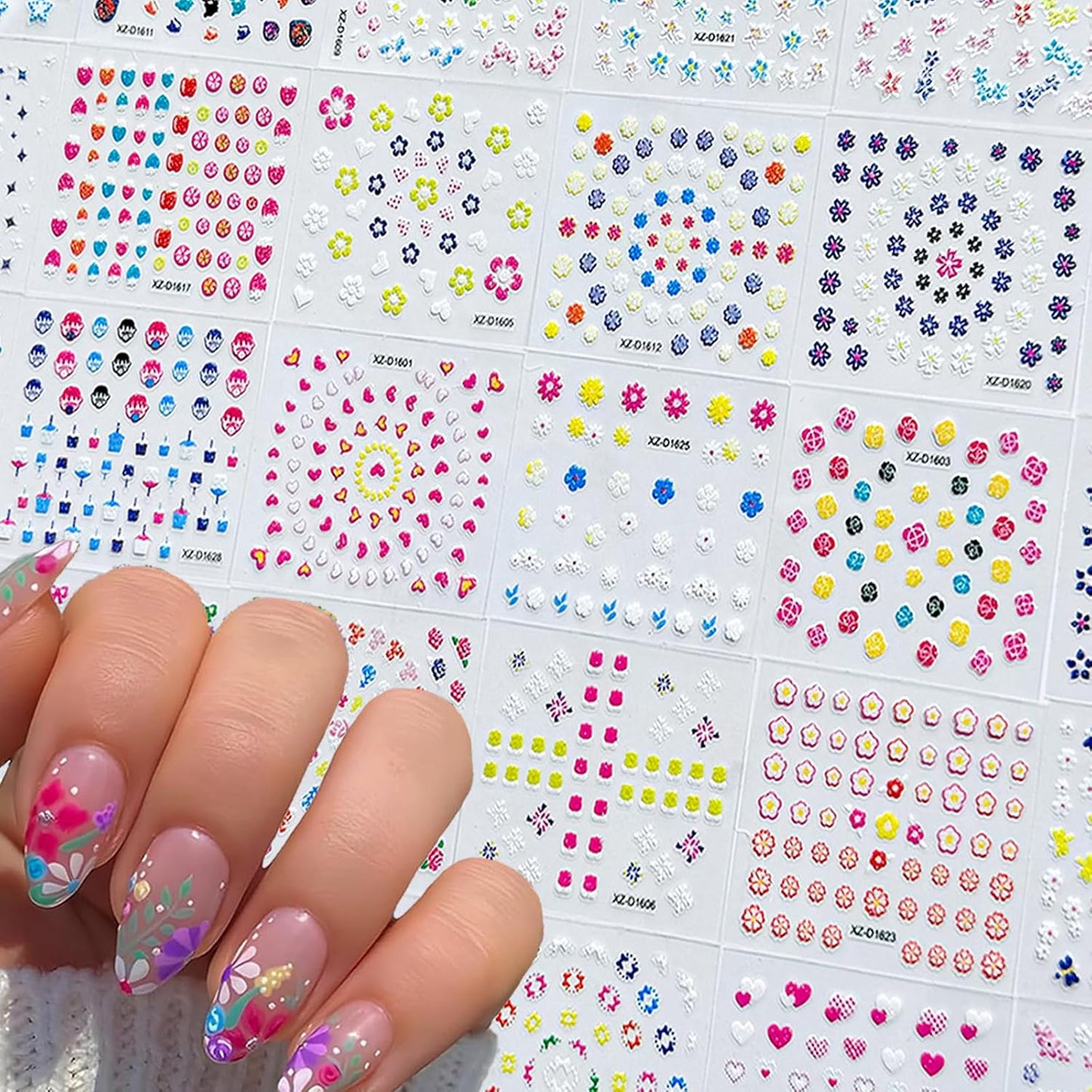 30 Sheets Flower Nail Art Stickers 3D Self-Adhesive Nail Decals Colorful Floral Designs Cute Heart Star Nail Decoration Spring Summer DIY Nail Decorations for Women Manicure Tip