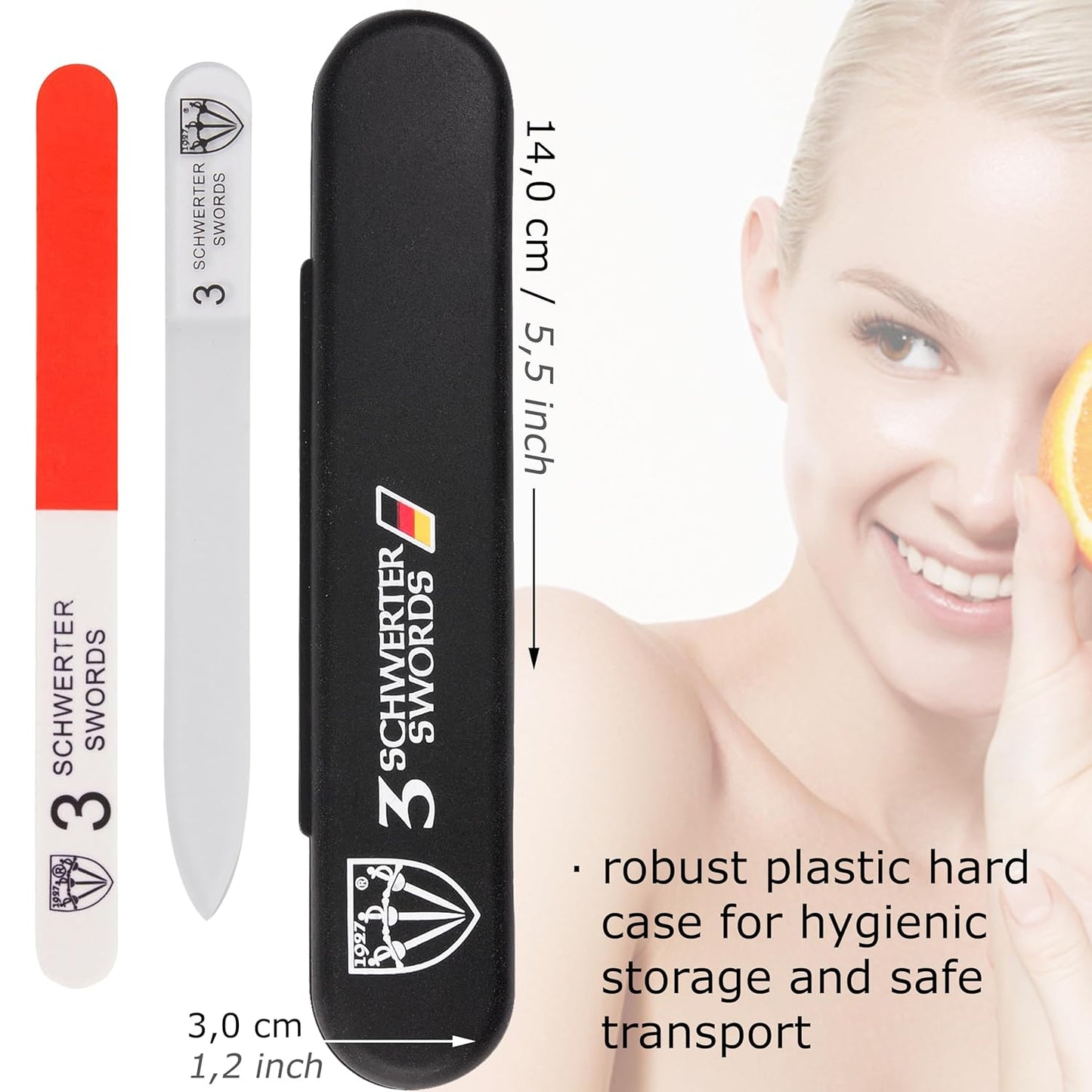 3 Swords Germany - Brand Quality Clear Double Sided Glass Nail File for Women & Girls, Perfect for Natural Fake Gel Artificial Acrylic fingernail, incl. Nail Buffer & Tube case for Travel (313)