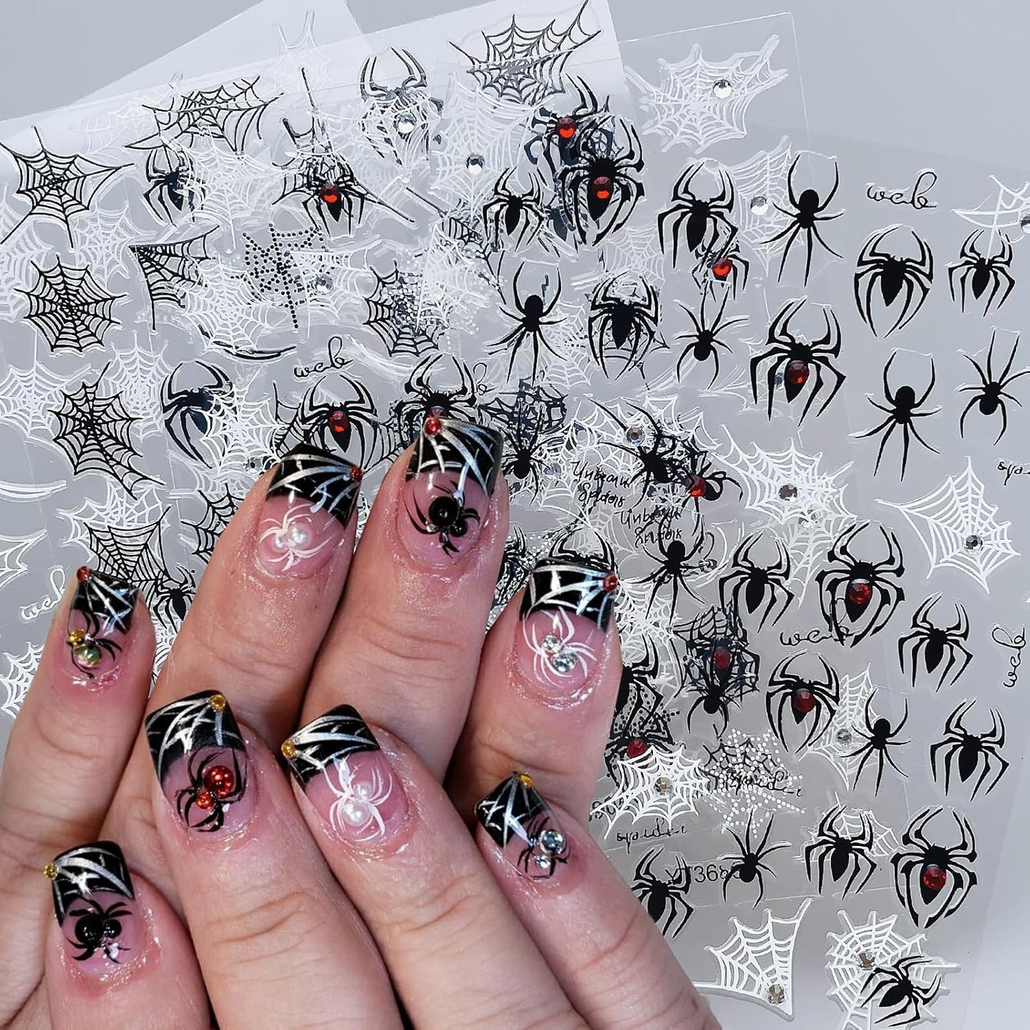 4 Sheets Spider Nail Art Stickers Self Adhesive Halloween Nail Decals Black White Spider Web with 3D Red Gem Rhinestones Designs Nail Sticker Luxury Halloween Nails Decoration for Women Manicure Tip