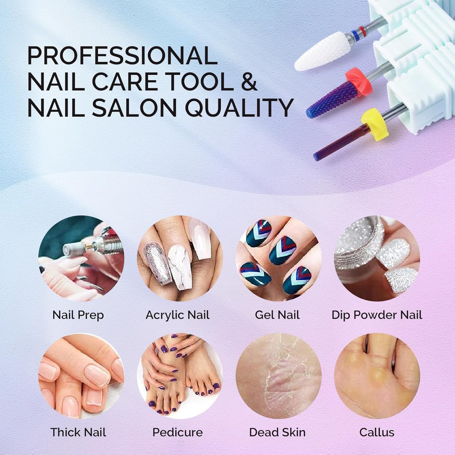 MelodySusie 3Pcs Nail Drill Bits Set, 3/32'' Carbide Tungsten Ceramic Bits, Flame, Nature Nail Buffer and Cone Shape Bits, Suitable for Manicure Pedicure Cuticle Gel Acrylic Remover