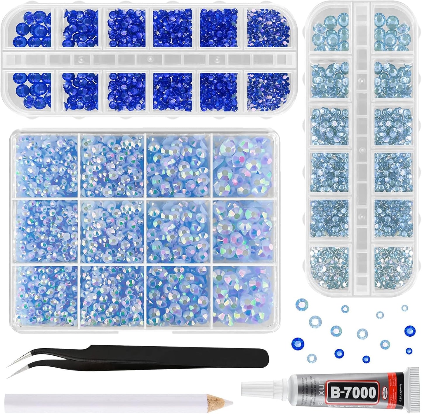 ASTARON Blue Resin Rhinestones for Crafting, 2mm-6mm Mixed Flatback Resin Gemstones for Crafts Gems Bulk Jelly AB Bedazzling Diamonds with Glue for Nails, Tumblers, Mugs Decoration