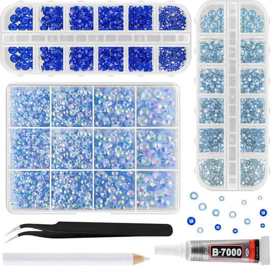 ASTARON Blue Resin Rhinestones for Crafting, 2mm-6mm Mixed Flatback Resin Gemstones for Crafts Gems Bulk Jelly AB Bedazzling Diamonds with Glue for Nails, Tumblers, Mugs Decoration