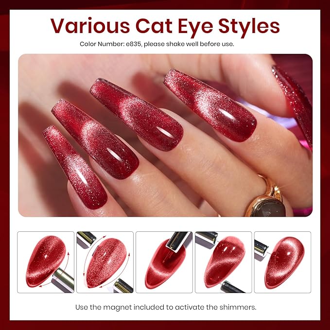 Beetles Red Gel Nail Polish Set, Winter Gel Polish 6 Colors Cat Eye Glitter Burgundy Bright Jelly with Magnet, Soak Off LED Lamp DIY Salon at Home Manicure Gifts for Women Red Revival