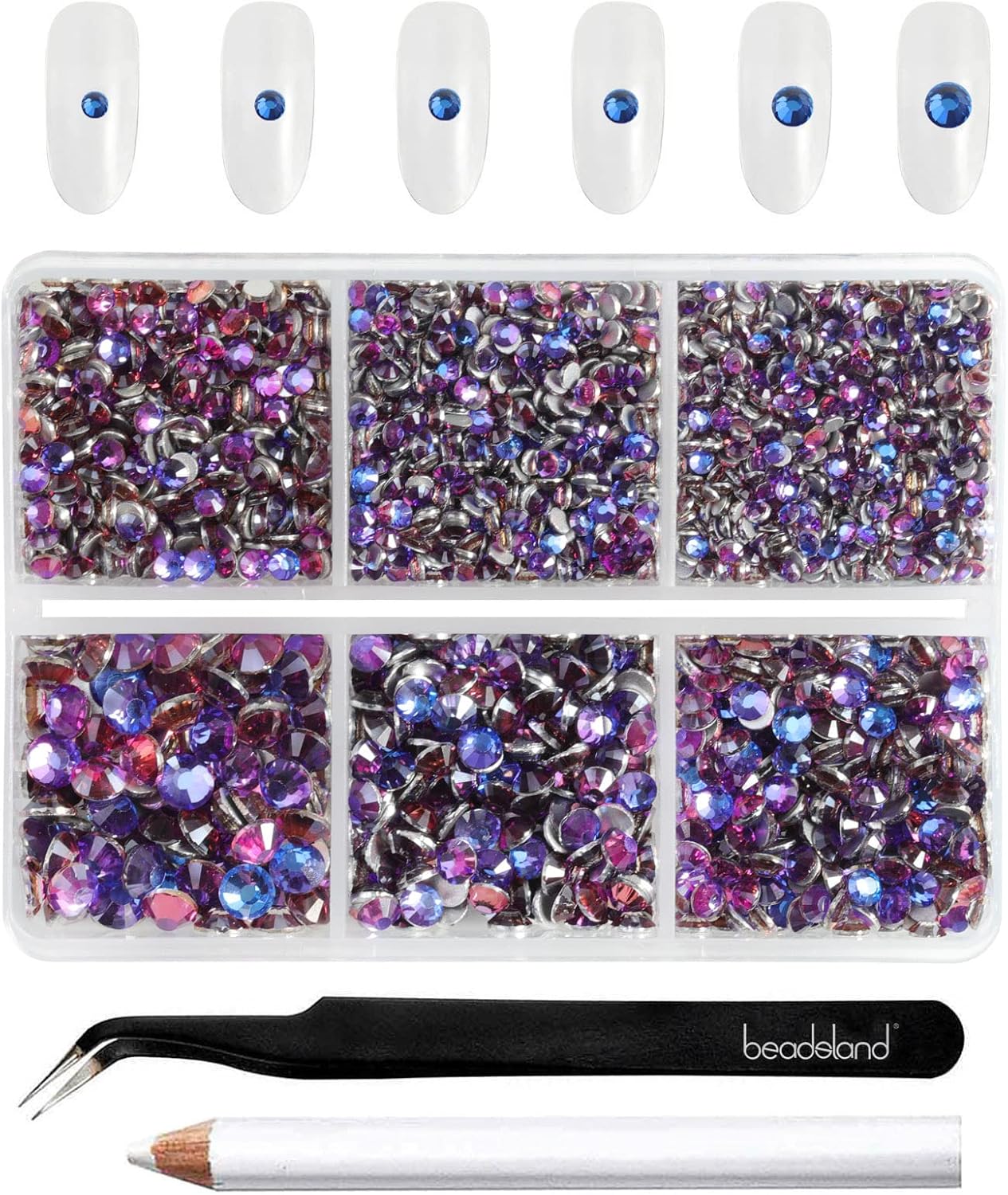 Beadsland 4300pcs Flatback Rhinestones,Purple Rhinestone Nail Gems Round Crystal Rhinestones for Crafts,Mixed 6 Sizes with Picking Tweezers and Wax Pencil Kit, SS6-SS20,Purple Velvet