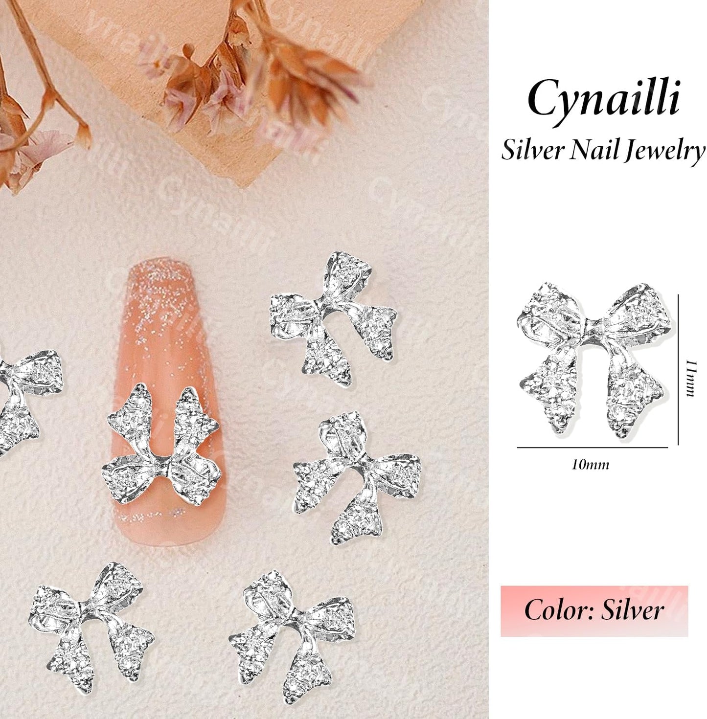 80 Pcs Silver Alloy Bow Nail Charms, 1011mm, Ideal for Nail Art, DIY Accessories
