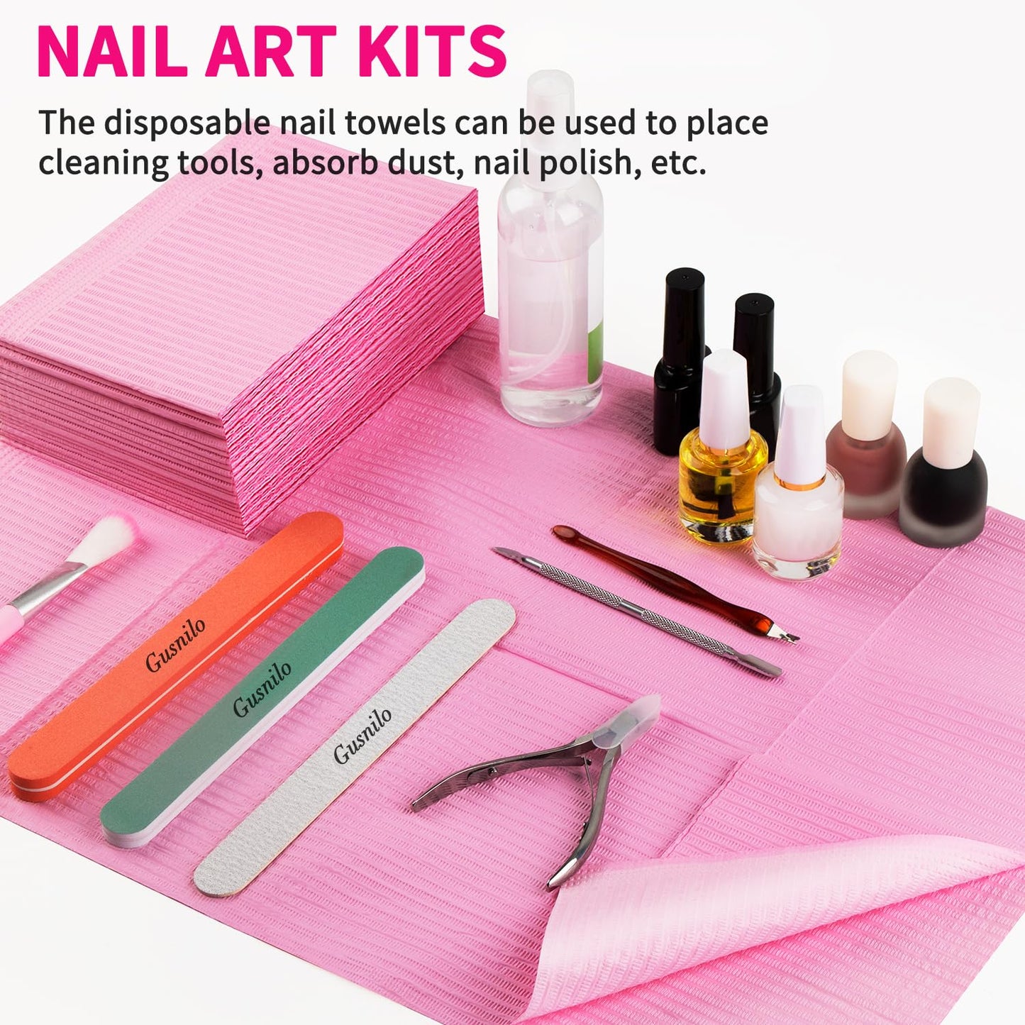 Gusnilo Nail Art Table Mat - Disposable Nail Paper Towels (240PCS) - Pink Waterproof 3-Ply Nail Art Paper 13" X 18" Pads for Nail Table Decoration Kit, Nail Art Accessories