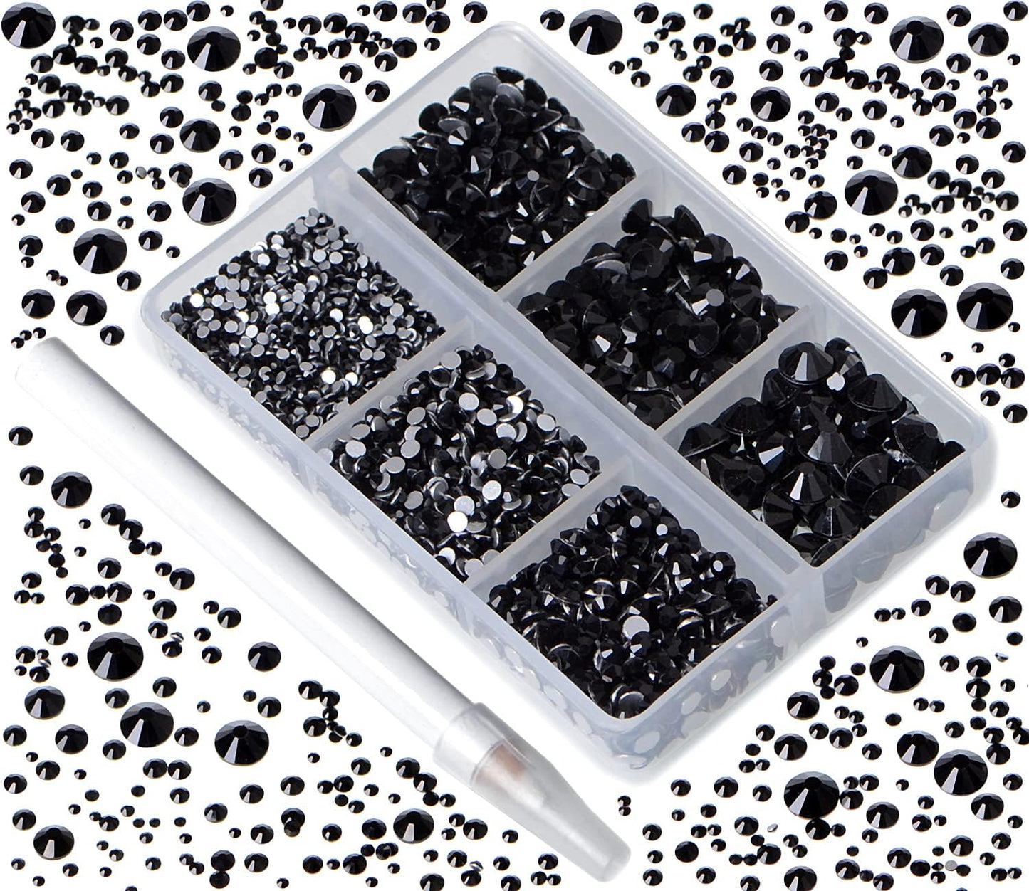 Bymitel 5000 Pieces 6 Mixed Sizes Glue Fix on Glass Rhinestones Round Crystal Gems Flatback for DIY Jewelry Making with one Picking Pen(Mix: SS4-SS30/5000PCS, Black)