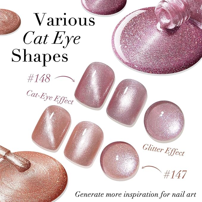 AZUREBEAUTY Cat Eye Nail Polish Set Quick Dry Nude Purple Glitter 2 Colors Nail Lacquer Natural Shine DIY Salon Home Women Gifts 2Pcs 0.34oz