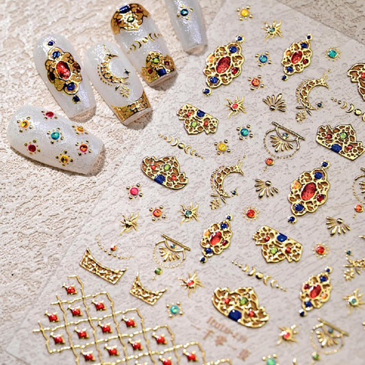 Gold Nail Stickers for Nail Art Self-Adhesive Bohemia Totem Vintage Luxury Nails Design 5D Nail Art Stickers Gold Colorful Diamond Nail Decals for Women Nail Supplies Accessories 1Sheets