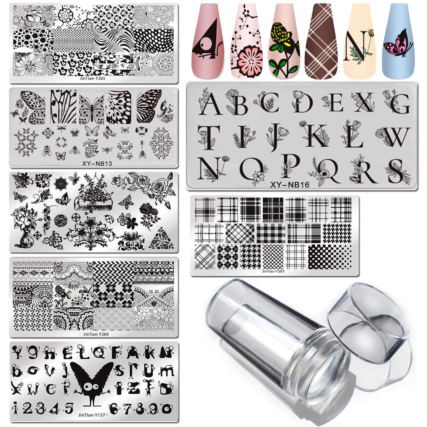 LoveOurHome Nail Stamping Plate Kit Letter Butterfly Lace Geometry Floral Fingernails Template Stencil Stamps Plate Silicone Stamper Scraper Manicure Design Tools Set (Letter)