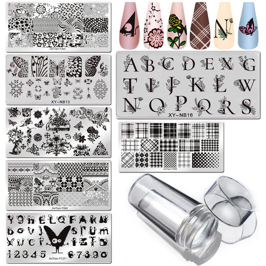 LoveOurHome Nail Stamping Plate Kit Letter Butterfly Lace Geometry Floral Fingernails Template Stencil Stamps Plate Silicone Stamper Scraper Manicure Design Tools Set (Letter)