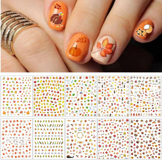 TailaiMei 3D Thanksgiving Nail Decals Stickers, Self-Adhesive Autumn Nail Art Decorations, Design for Fall Maple Leaves Pumpkin Turkey(1154 Pcs, 10 Sheets)