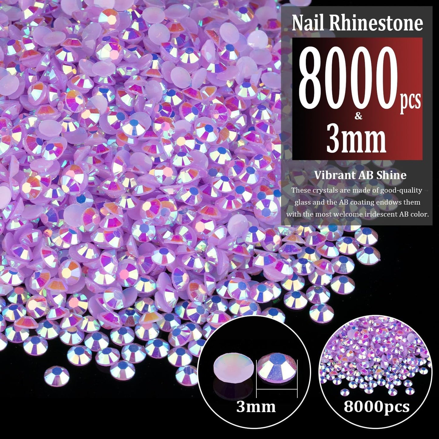 8000pcs 3mm Resin Rhinestones Bulk, Lavender Purple AB Flatback Round Jelly Rhinestones Bedazzling Non Hotfix Crystal Gems Large Quantity Wholesale for DIY Crafts Clothes Tumblers Face Makeup Manicure