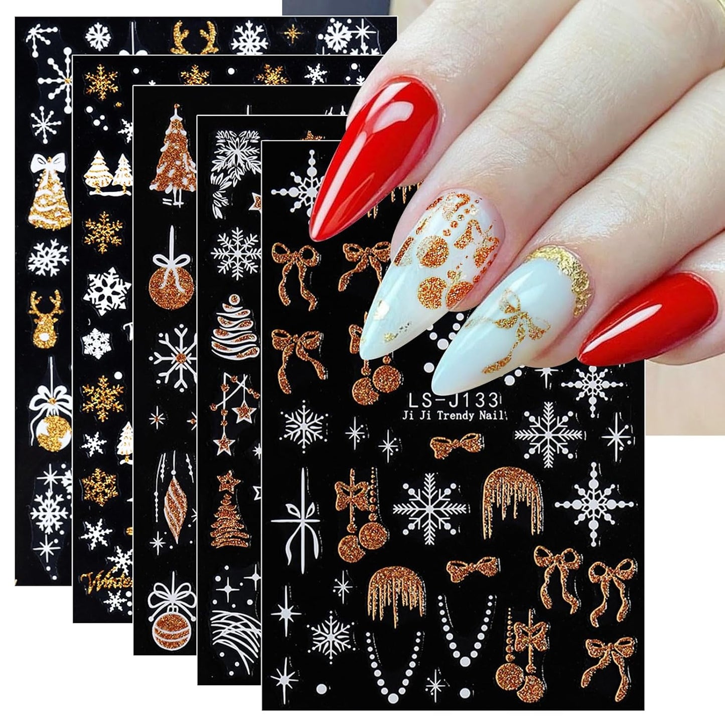 JMEOWIO 8 Sheets Christmas Glitter Nail Art Stickers Decals Self-Adhesive Silver Snowflake Nail Supplies Nail Art Design Decoration Accessories