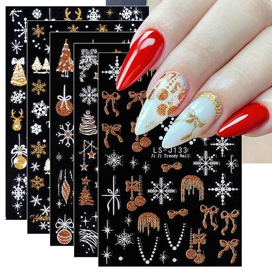 JMEOWIO 8 Sheets Christmas Glitter Nail Art Stickers Decals Self-Adhesive Silver Snowflake Nail Supplies Nail Art Design Decoration Accessories