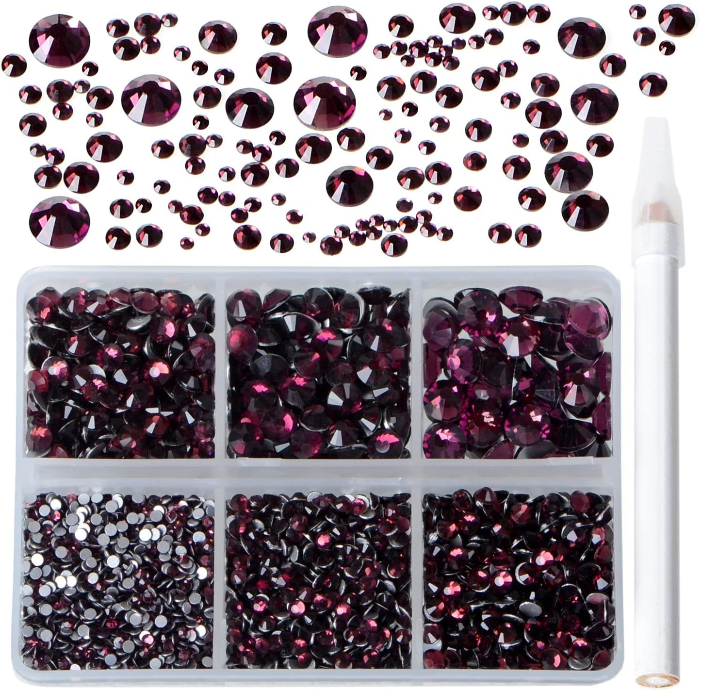 Bymitel 5000 Pieces 6 Mixed Sizes Glue Fix on Glass Rhinestones Round Crystal Gems Flatback for DIY Jewelry Making with one Picking Pen(6-Sizes 5000PCS, Amethyst)