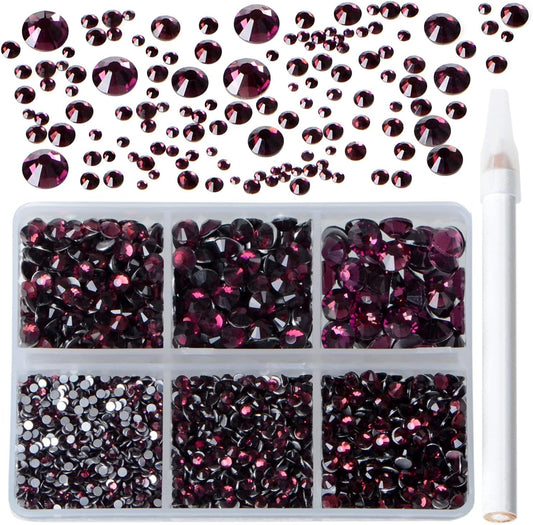 Bymitel 5000 Pieces 6 Mixed Sizes Glue Fix on Glass Rhinestones Round Crystal Gems Flatback for DIY Jewelry Making with one Picking Pen(6-Sizes 5000PCS, Amethyst)