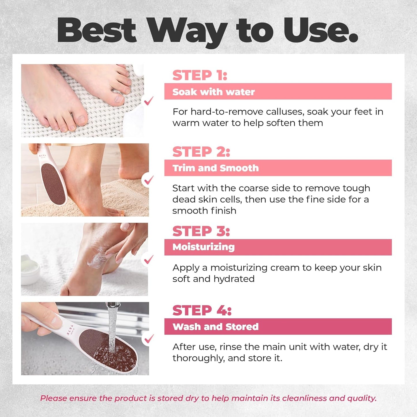 TSURULABO - Foot File, Dual-Sided (Coarse & Fine), Water-Resistant Alternative to a Foot Scrubber or Pumice Stone for Feet, Heel Scrubber for Grooming, Pink Dry Skin Callus Remover with Hanging Loop