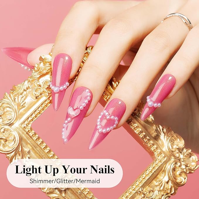 Shimmer Gel Nail Polish, Pink Color Holographic Glitter Jelly Gel Polish Soak Off UV Neutral Nail Polish Gel for Nail Art Salon at Home, 12ML