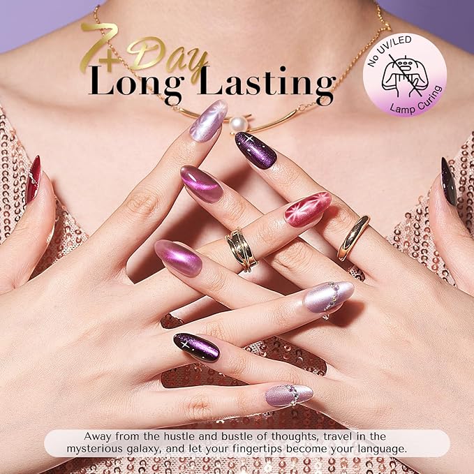 AZUREBEAUTY Cat Eye Nail Polish Set Quick Dry Mooncat Glitter Holographic Purple Black Red 4 Colors Natural Fingernail with Top Coat DIY Salon Home no Gel