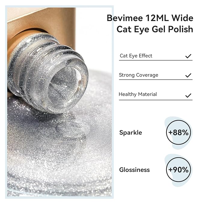 Cat Eye Gel Nail Polish, Silver Glitter Magnetic Cat Eye Nails With Magnet Stick, For Holographic Shimmer Cateye Effect, UV Velvet Nail Art Manicure Salon DIY Home, 12ML