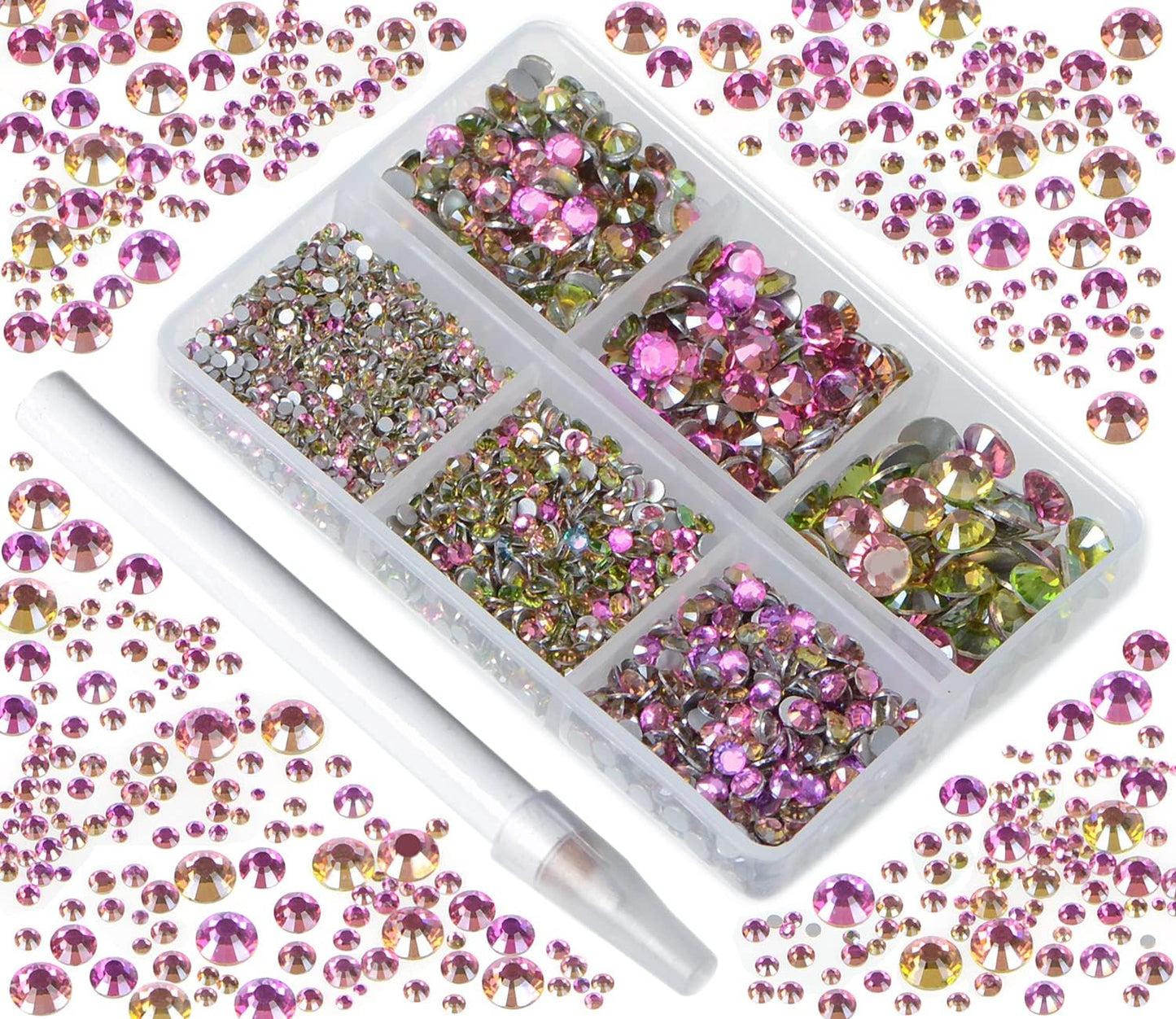 5000Pcs Art Nail Rhinestones Non Hotfix Non-Magnetic Glue Fix Round Crystals Glass Flatback for DIY Jewelry Making with one Picking Pen (6-Sizes 5000PCS, Golden Rose)
