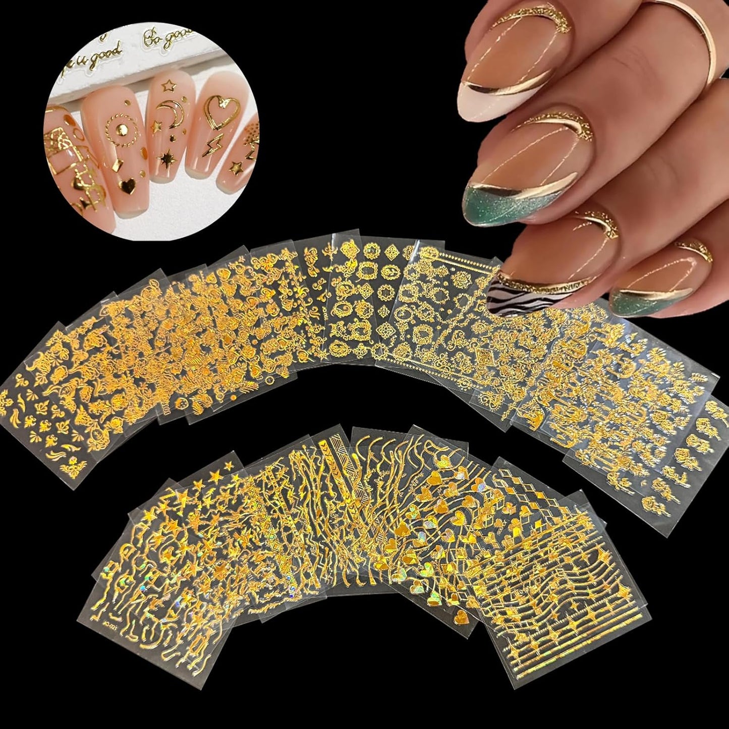 30 Sheets Gold Nail Art Stickers 3D Self-Adhesive Nail Decals Holographic Laser Gold Floral Star Heart Leaf Nail Design Nail Supplies for Women Girls Nail Art Decoration Accessories