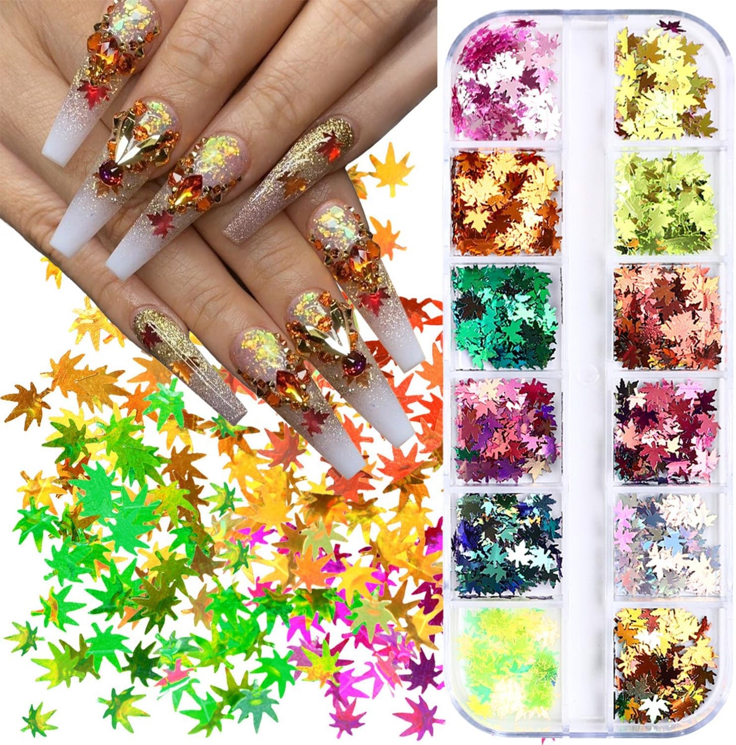 Maple Leaf Glitter Nail Sequins Fall Maple Leaves Glitter for Nails Holographic Nail Art Design Supplies 3D Autumn Glitters Flakes Decor