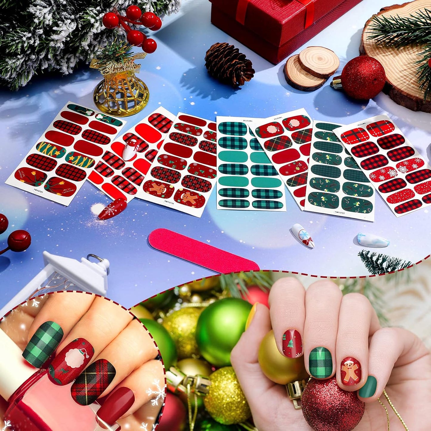 140 Pcs 10 Sheets Christmas Full Wrap Nail Stickers Polish Strips Plaid Gradient Stickers Glitter Self Adhesive DIY Art Decals Strips with 2 Pcs Nail Files for Xmas Decor (Plaid Style)