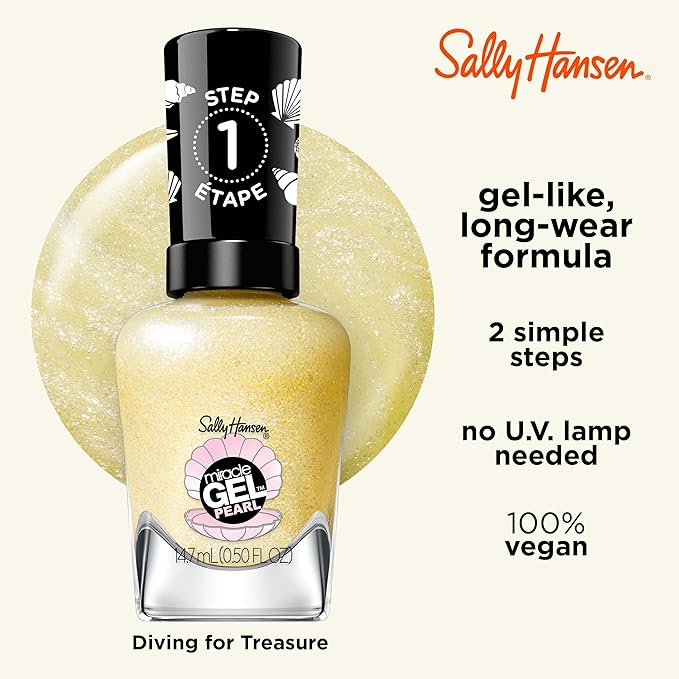 Sally Hansen Miracle Gel Pearls Salon Quality Nail Polish | Gel-Like Formula, Two-Step System, No UV Light Needed, Long Lasting | Opaque, Shimmery | 905 Diving for Treasure | Sofy Yellow Nail Color