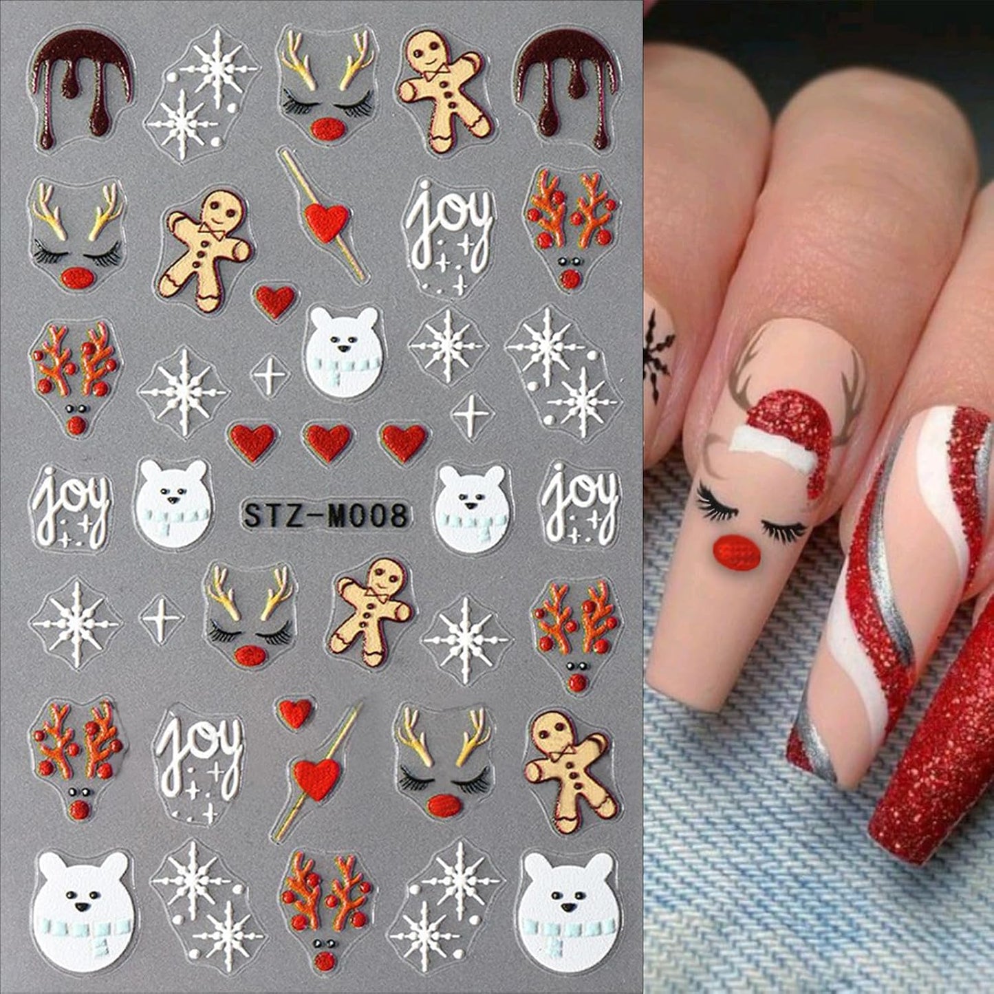 French Snowflake Christmas Bow Nail Art Stickers 3D Embossed Gingerbread Man Christmas Hat Cute Elk Acrylic Nail Decals Women Girls DIY Nail Salon 6 Sheets