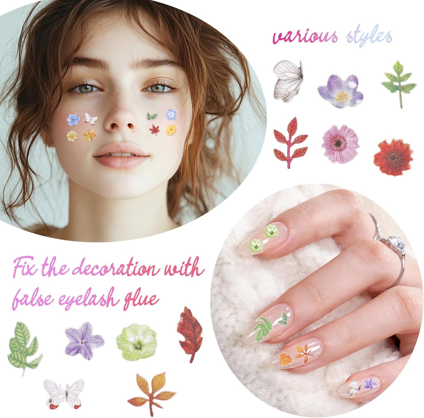 600Pcs 3D Flower Nail Art Charms Sequins Decals Colorful Mixed Flowers Leaves Design Slice Nail Flowers Ultra Wood Pulp Flakes Sequins