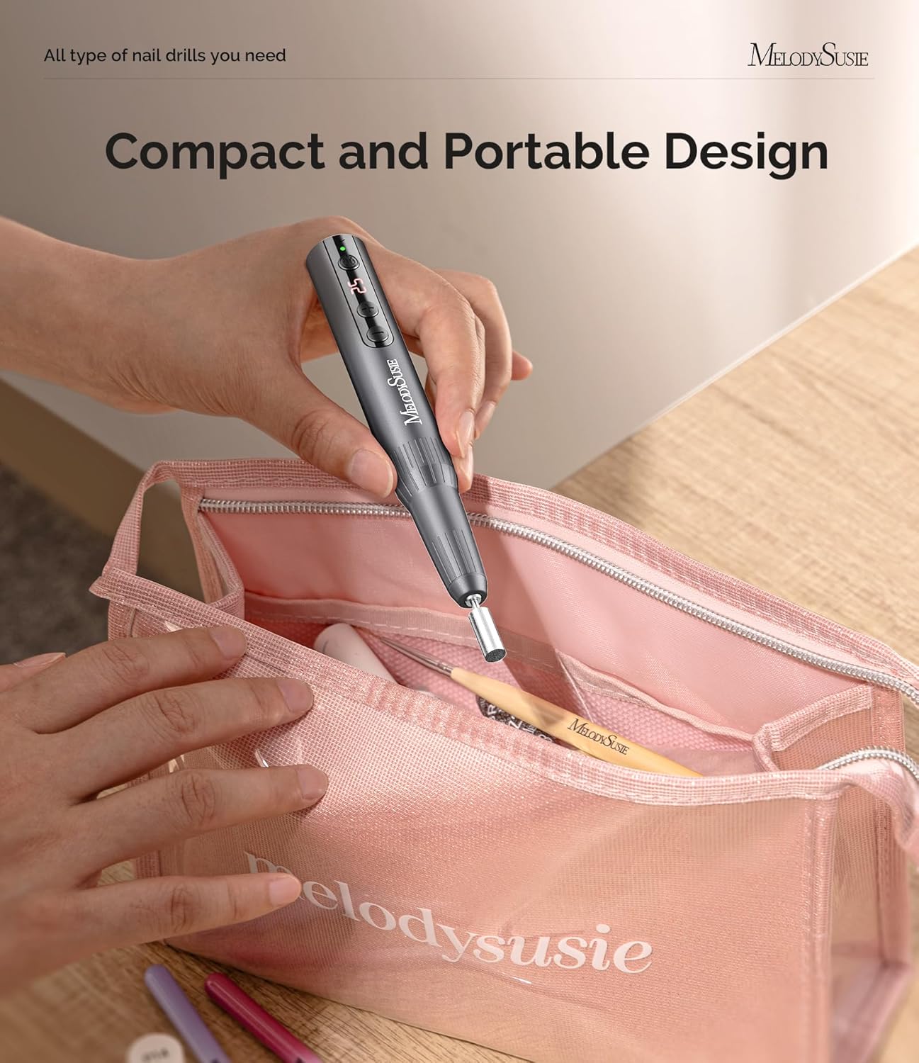 MelodySusie Pen-Shaped Portable Cordless Nail Drill, PC180E 25000RPM Rechargeable Electric File with LED Display for All Nail Care, Manicure Shaping & Acrylic Gel Removal for Nail Artists DIY at Home