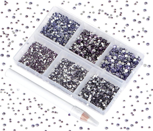 Bymitel 7200 Pieces 6 Mixed Sizes Glue Fix on Glass Rhinestones Round Crystal Gems Flatback for DIY Jewelry Making with one Picking Pen(6-Sizes 7200PCS, Tazanite)