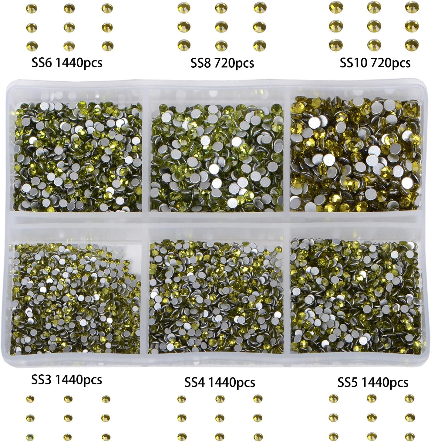 Bymitel 7200 Pieces 6 Mixed Sizes Glue Fix on Glass Rhinestones Round Crystal Gems Flatback for DIY Jewelry Making with one Picking Pen(6-Sizes 7200PCS, Olivine)