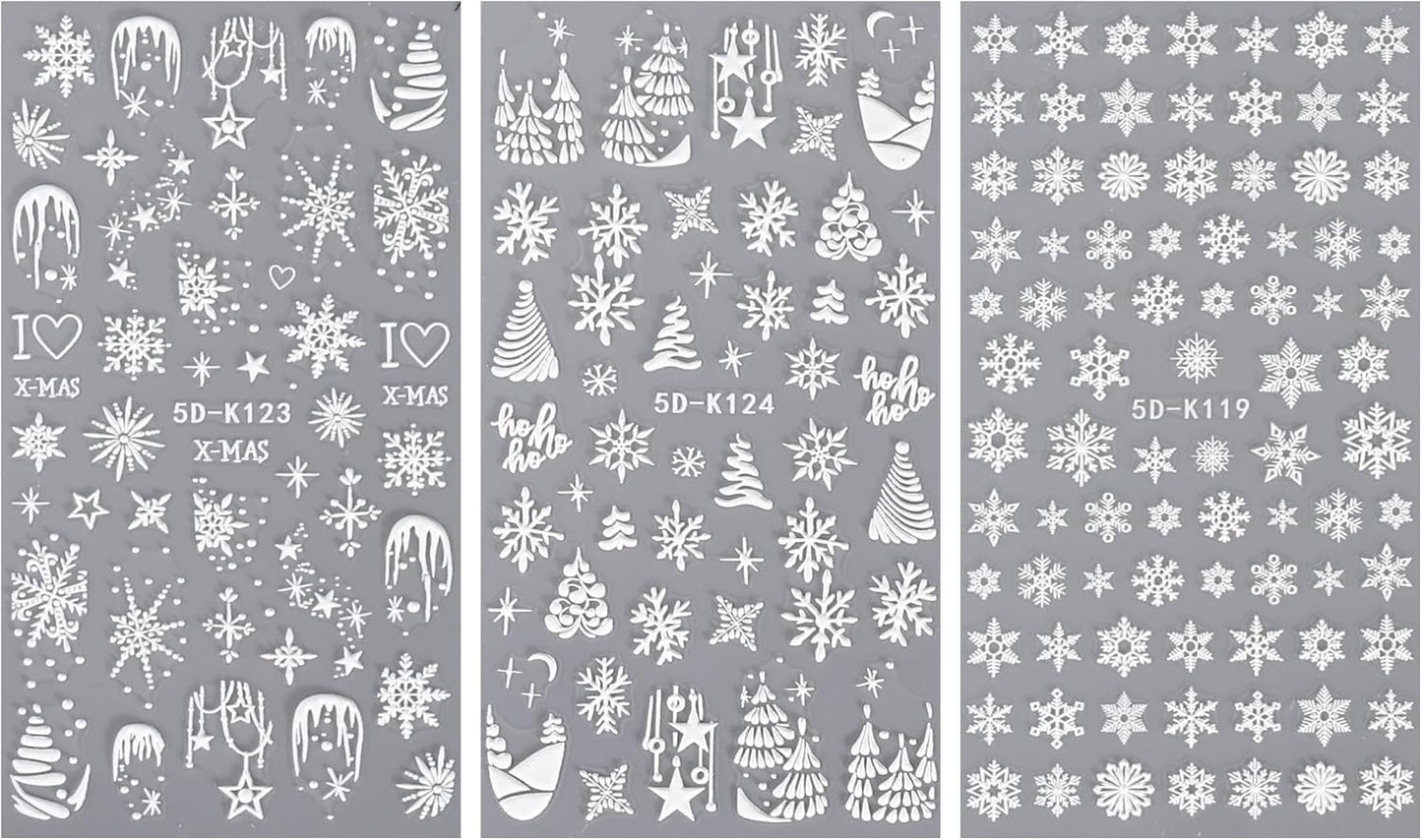 JMEOWIO 3D Embossed Christmas Snowflake Holiday Nail Art Stickers Decals Self-Adhesive 5D Nail Supplies Nail Art Design Decoration Accessories 3 Sheets