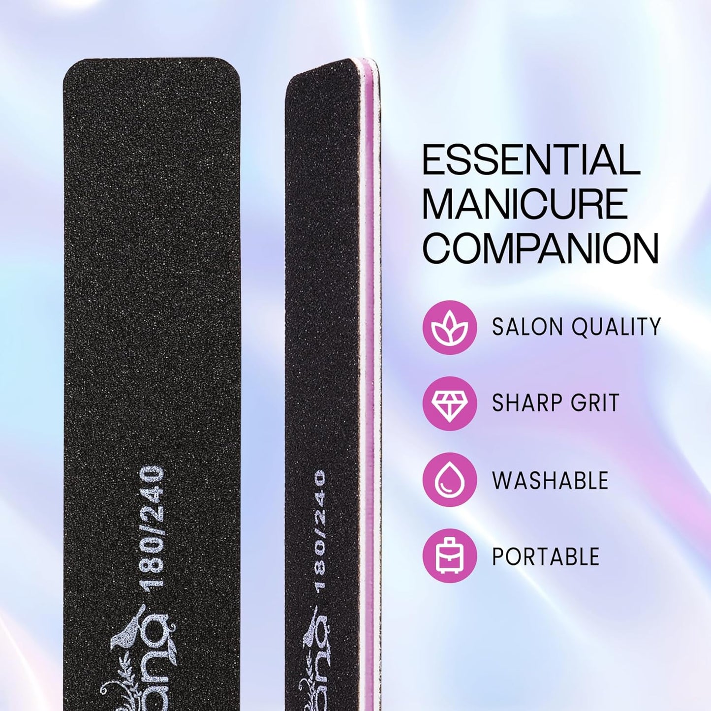 10PCS Jumbo Size PANA Professional Double Sided Nail Files - Black, 180/240 Grit - Emery Board Nail Buffering File Manicure Pedicure Nail Polisher Washable