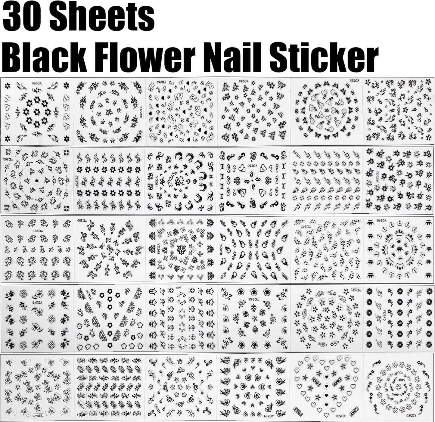 30 Sheets Black Flower Nail Art Stickers - Heart, Butterfly Design Charms - 3D Self Adhesive Nail Art Supplies for Women & Girls - Manicure Decoration Floral Nail Decals