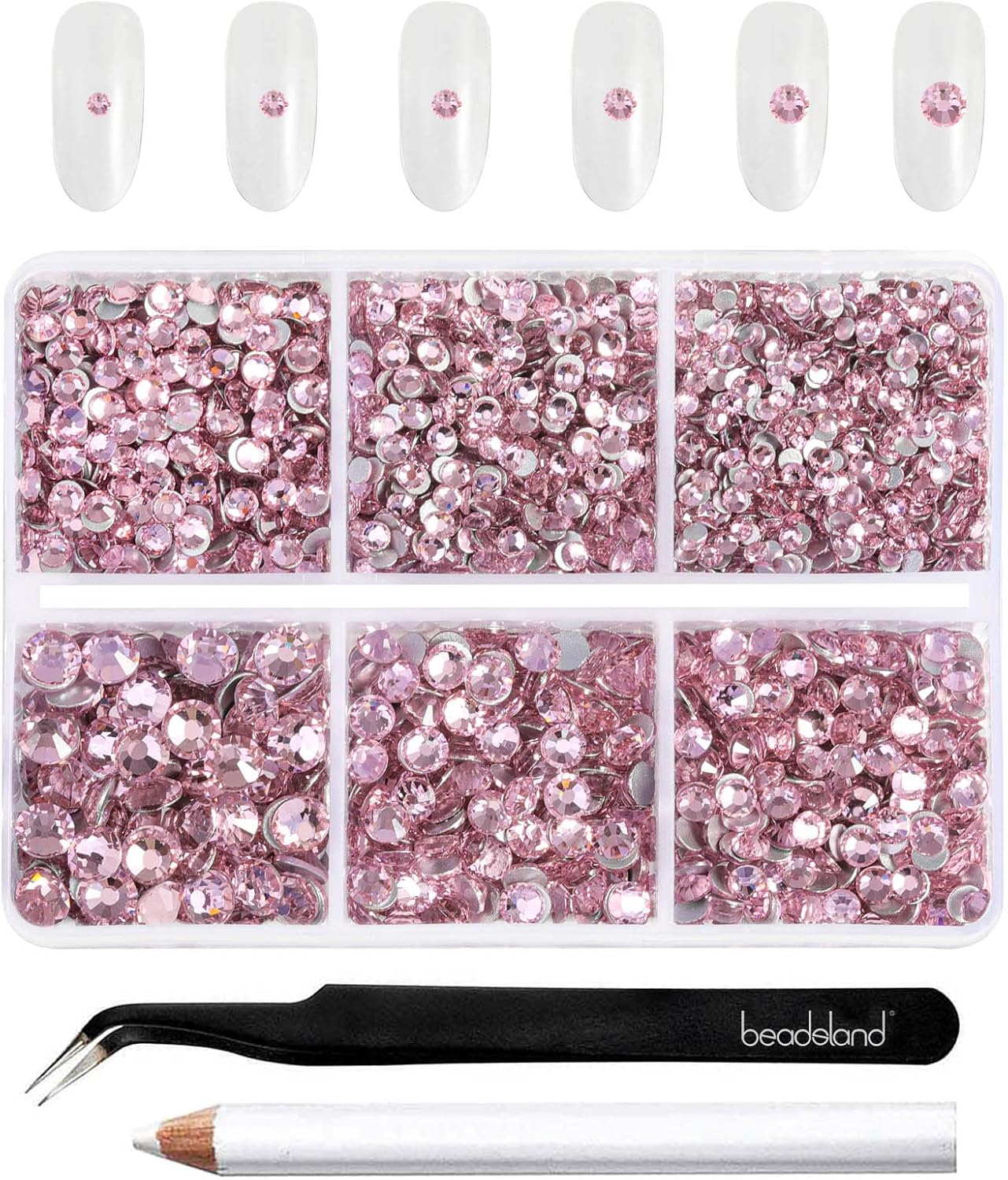 Beadsland 4300pcs Flatback Rhinestones,Pink Rhinestone Nail Gems Round Crystal Rhinestones for Crafts,Mixed 6 Sizes with Picking Tweezers and Wax Pencil Kit, SS6-SS20,Light Rose/Light Pink
