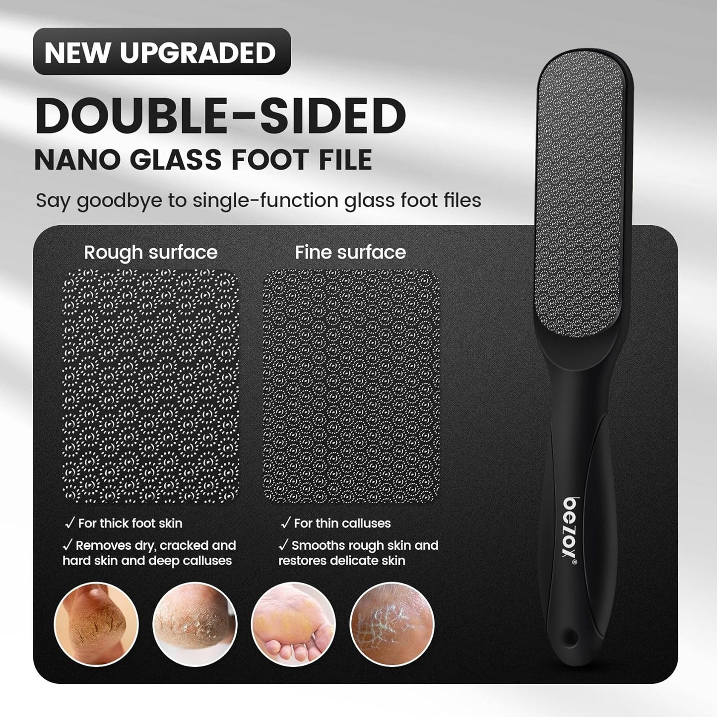 BEZOX Double-Sided Glass Foot File Callus Remover(1 PCS), Foot Scrubber for Dead Skin, Smooth Feet Pedicure Tools for Feet, Pumice Stone for Feet, Heel Scraper for Cracked Heels - Black