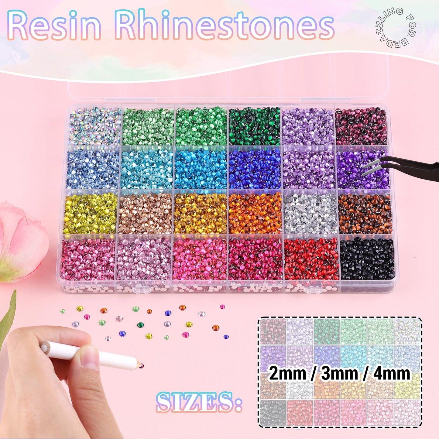 22000Pcs Resin Rhinestones for Bedazzling with B7000 Jewelry Glue, Multicolor 2/3/4mm Flatback Gems Rhinestones for Crafting, Clothing Tumblers Mugs Shoes Fabric Decor Nail Art